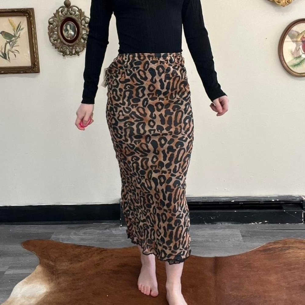 Vintage Y2k Cheryl Creations Leopard Print Micromesh Maxi Skirt XS Brown Black‎